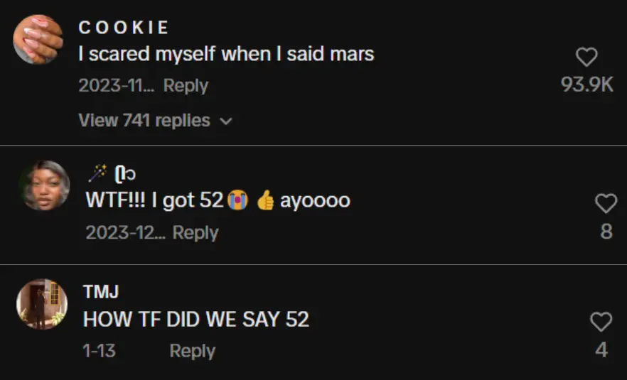 People commenting in a TikTok post that they got the answer right.