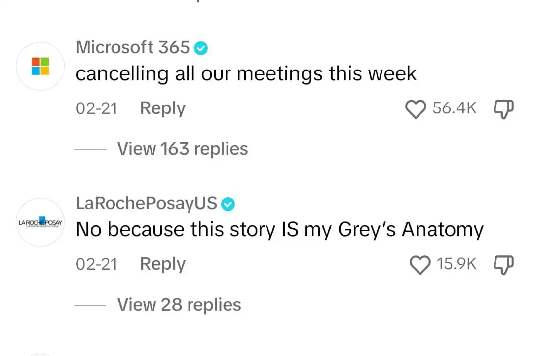 Two comments from Microsoft 365 and LaRochePosayUS accounts on a TikTok video that got tens of thousands of likes.
